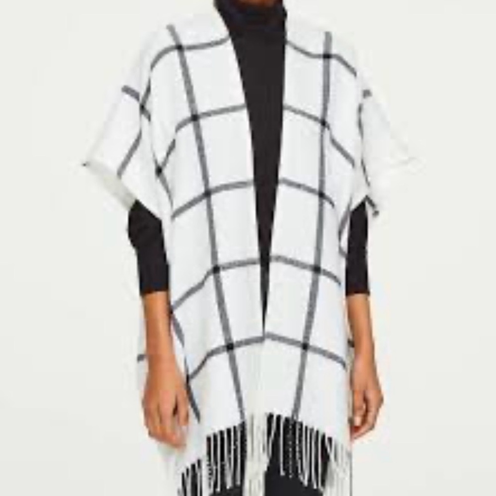 Loft White Plaid Open Front Poncho Wrap Sweater, One Size